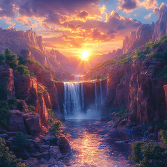 waterfall at sunset