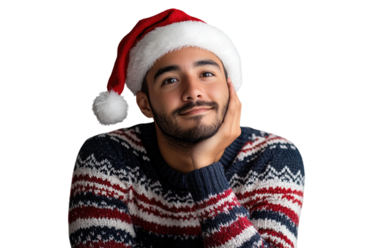 Thoughtful man wearing Christmas sweater and Santa hat looking up isolated on a transparent background