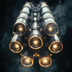 Naklejka premium Futuristic Rocket Engine with Glowing Lights and Smoke Effects in a Dark Environment