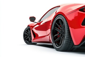 Red sports car with black wheels, studio shot.