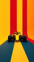 Gordijnen Yellow Formula 1 car in the center of track with alternating yellow, red, and blue stripes against yellow background. © master1305