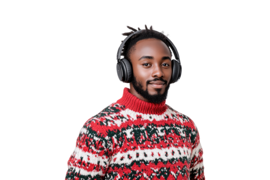 Smiling African man in Christmas sweater and Santa hat wearing headphones isolated on a transparent background