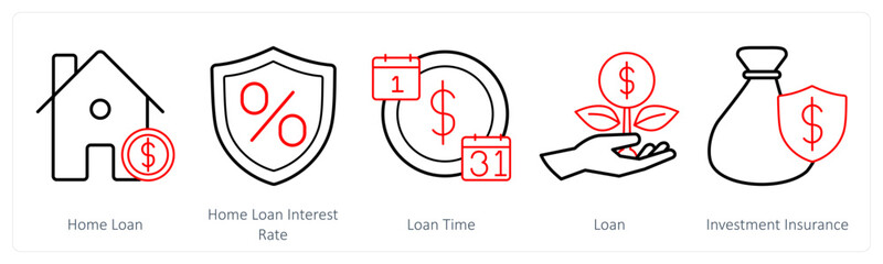 A set of 5 insurance icons as home loan, home loan interest rate, loan time