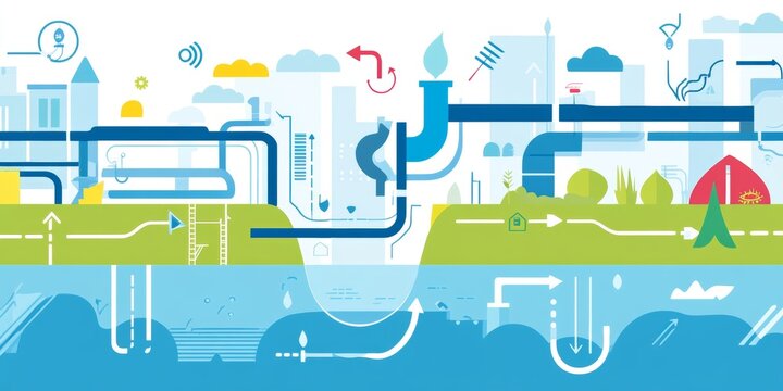 Minimalistic water pollution cycle diagram showing pfas contamination from source to water supply