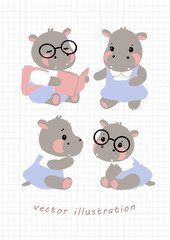 Set of adorable cartoon Pygmy hippos in various poses, including reading and sitting. Perfect for children’s designs, educational materials, and playful artwork