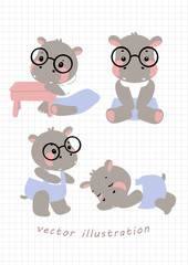 Cute cartoon hippos with glasses in various poses, from studying to sleeping. Perfect for children's educational materials, nursery art, and playful designs