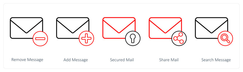 A set of 5 mail icons as remove message, add message, secured mail