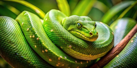 Fototapeta premium Green python resting on branch among leaves