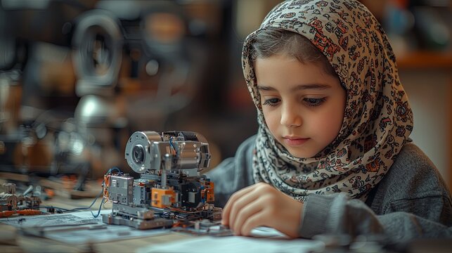 Young girl engaged in robotics project in a classroom setting