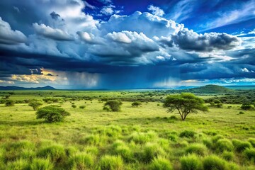 Green South African Eastern Cape bushveld grass veld landscape with blue rain clouds