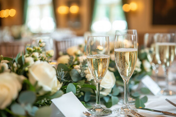 Two champagne glasses with a green garland of flowers in between them