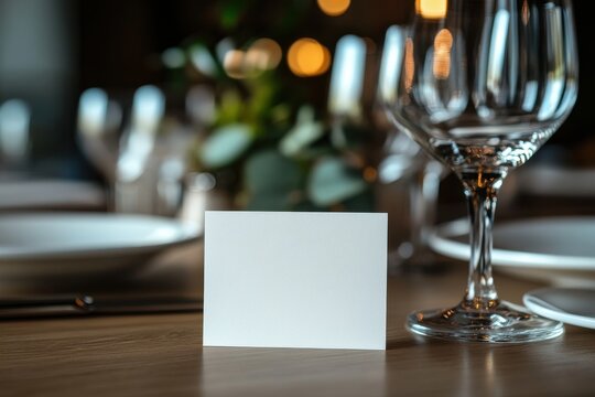A white card with a blank space sits on a table next to a wine glass