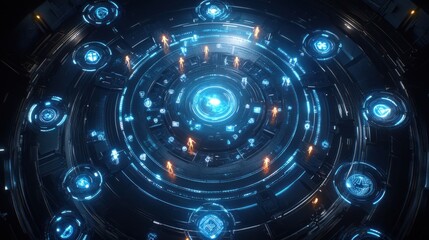 Obraz premium A futuristic circular interface with glowing symbols and lights, suggesting advanced technology.