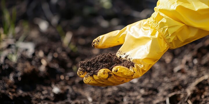 Minimalist image of a protective glove holding contaminated soil in natural outdoor light