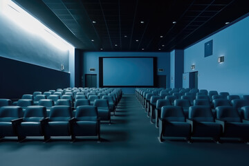 generated illustration of  theater with modern seating, advanced sound system, and dramatic lighting.