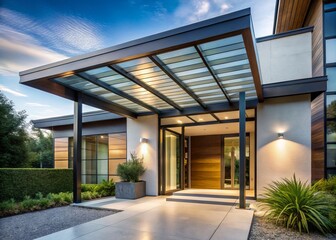 Obraz premium Elegant Glass Canopy Over Front Door - Modern Architecture, Home Entryway, Stylish Design, Outdoor Shelter, Clear Glass, Contemporary Look, Residential Facade, Entrance Covering, Weather Protection