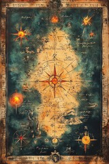 An ancient navigator's map exploring the mysteries of the seas with celestial guidance and hidden treasures