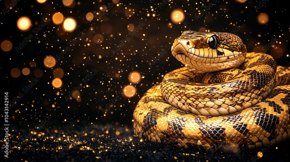 Poster A shimmering golden snake intertwined with the numbers 2025 as a clock ticks down to midnight creating excitement and anticipation for the New Year Stock Photo with side copy space