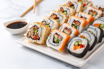 Sushi is a traditional Japanese dish consisting of rice with vinegar and various ingredients such as seafood and vegetables.