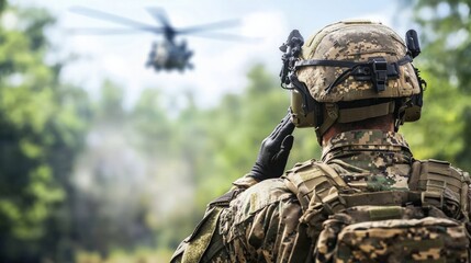 Fototapeta premium Soldier Saluting a Helicopter in a Dense Forest During Military Operations