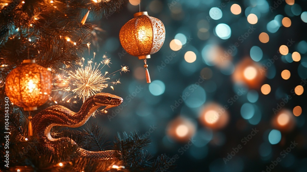Aufkleber a festive celebration with a snake curling around chinese lanterns and fireworks lighting up the sky
