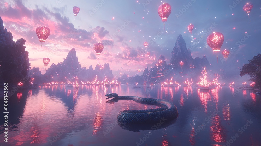 Aufkleber a festive celebration with a snake curling around chinese lanterns and fireworks lighting up the sky
