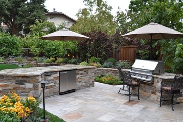 Obraz premium Outdoor kitchen with a built-in grill and a stainless steel refrigerator.