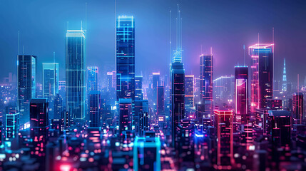 Fototapeta premium City lights at night. The image shows a night view of a city with skyscrapers and neon lights.