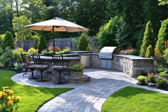Outdoor kitchen with a grill and seating area.