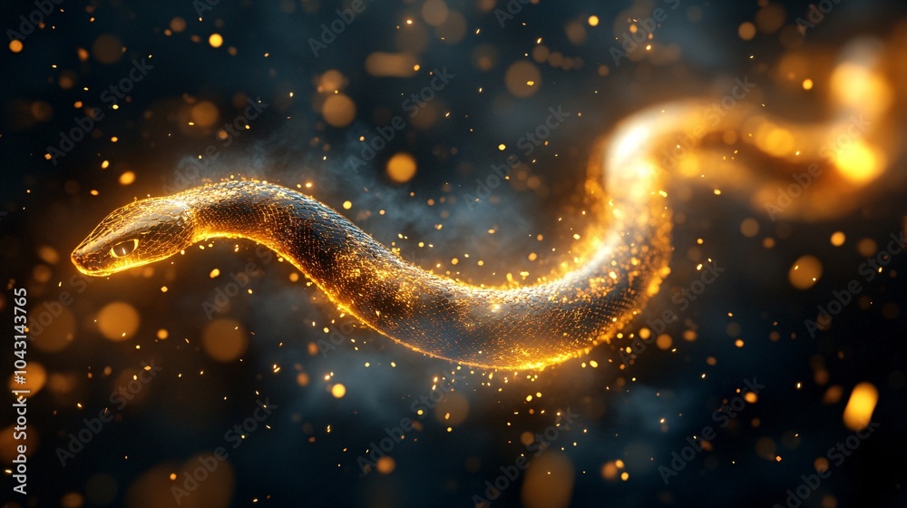 Aufkleber a radiant golden snake winding through a series of fireworks and streamers on a black backdrop with 