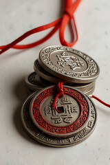 A set of traditional Feng Shui coins tied with a red string, symbolizing wealth and prosperity, set against a white background