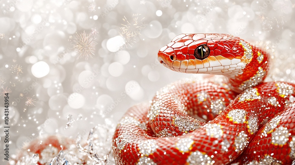 Poster a bold red and gold snake coiled against a sleek white background featuring subtle new year's symbol