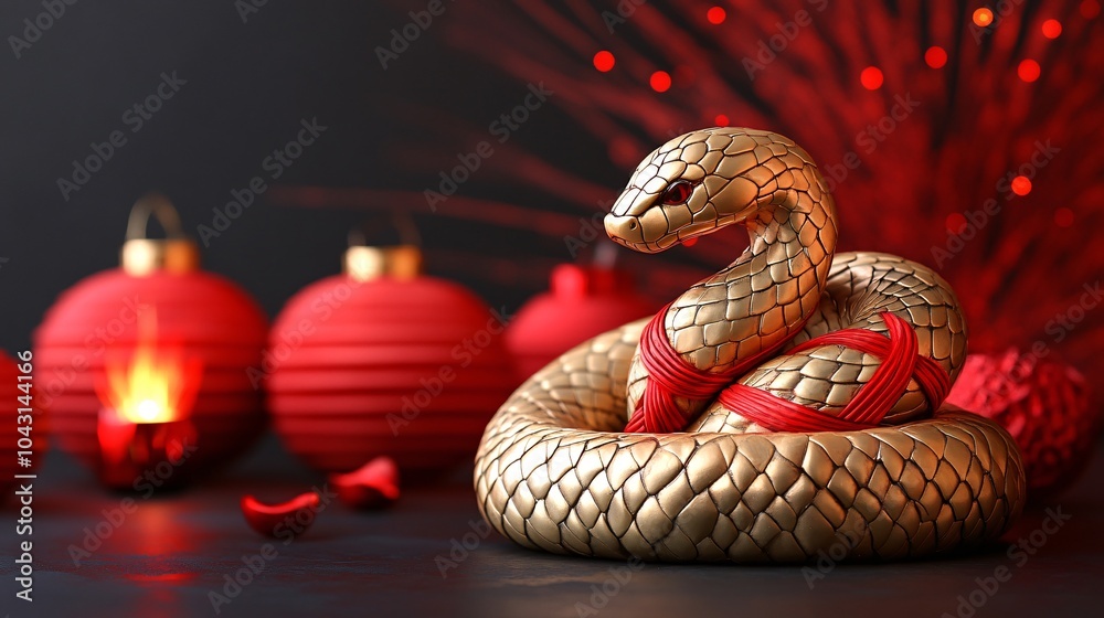 Poster A golden snake intertwined with a traditional red Chinese knot pattern set against a backdrop of holiday lanterns and subtle fireworks Stock Photo with side copy space