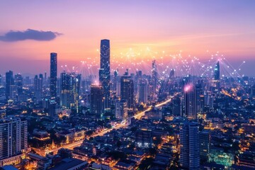 Fototapeta premium Cityscape at dusk with glowing network connections.