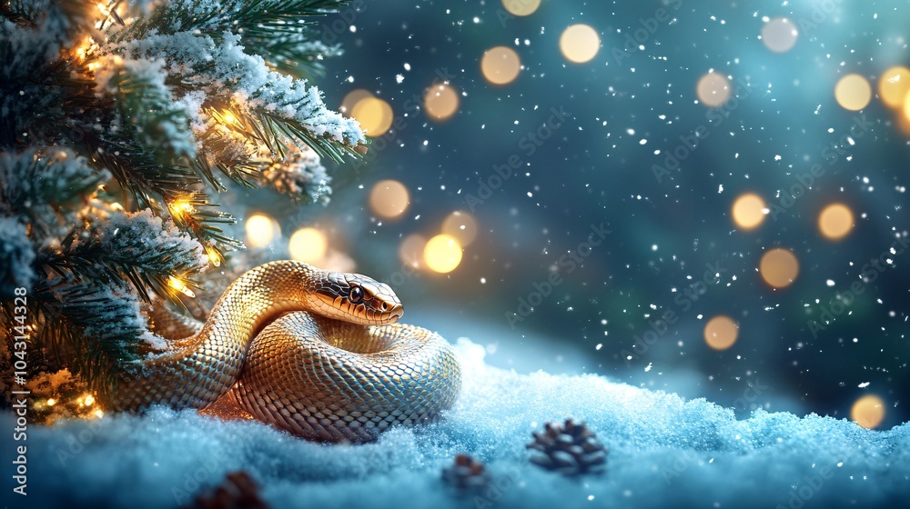 Poster A winter scene where a golden snake curls up beneath a snow-laden tree with a soft glow of festive lights in the background Stock Photo with side copy space