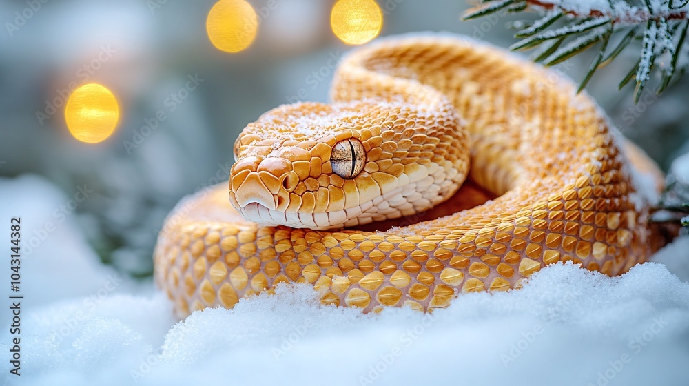 Poster A winter scene where a golden snake curls up beneath a snow-laden tree with a soft glow of festive lights in the background Stock Photo with side copy space