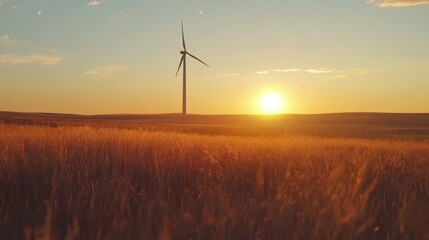 Obraz premium Golden Hour Wind Turbine: Serene sunset landscape featuring a single wind turbine silhouetted against a vibrant, golden sky. A picturesque scene reflecting renewable energy and environmental harmony.