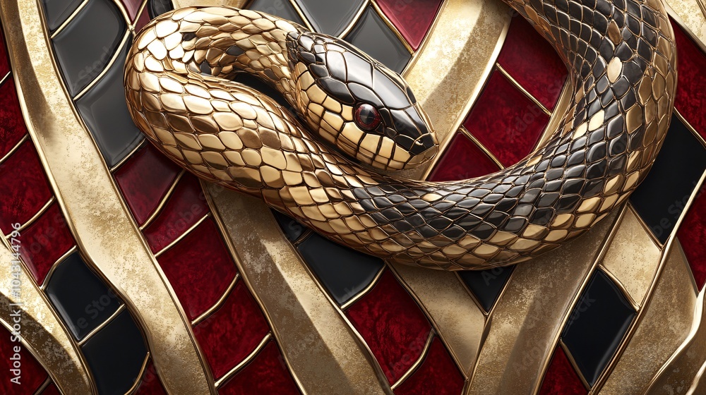 Poster An elegant gold snake spiraling through an abstract geometric background with rich red and black tones accented by 2025 written in bold modern text Stock Photo with side copy space