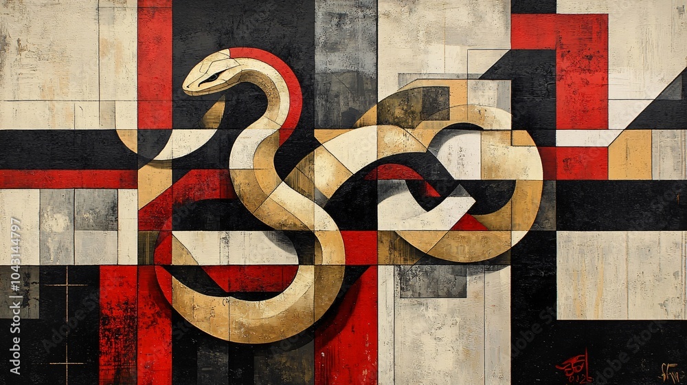 Poster An elegant gold snake spiraling through an abstract geometric background with rich red and black tones accented by 2025 written in bold modern text Stock Photo with side copy space