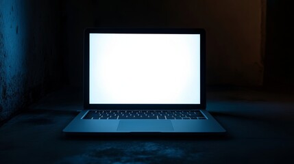 Laptop with a blank white screen in a dark room with blue and orange lighting.