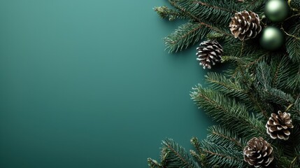 Green Christmas background with fir branches and decorations. with copyspace