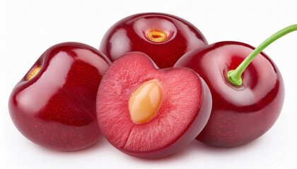 Red Cherry with cut in half isolated on white background.. ai generated