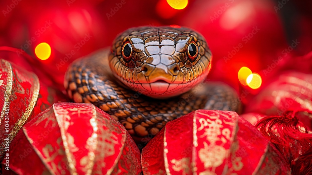 Poster a vibrant red backdrop with a golden snake wrapped around traditional chinese symbols like fans and 