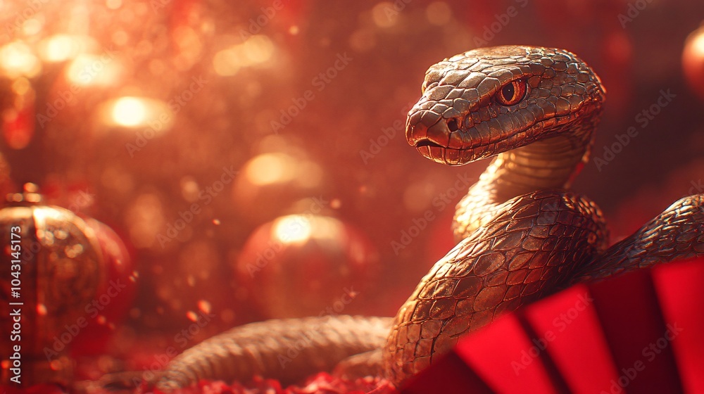 Poster a vibrant red backdrop with a golden snake wrapped around traditional chinese symbols like fans and 