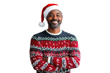 Smiling African American man wearing Christmas sweater and Santa hat isolated on a transparent background