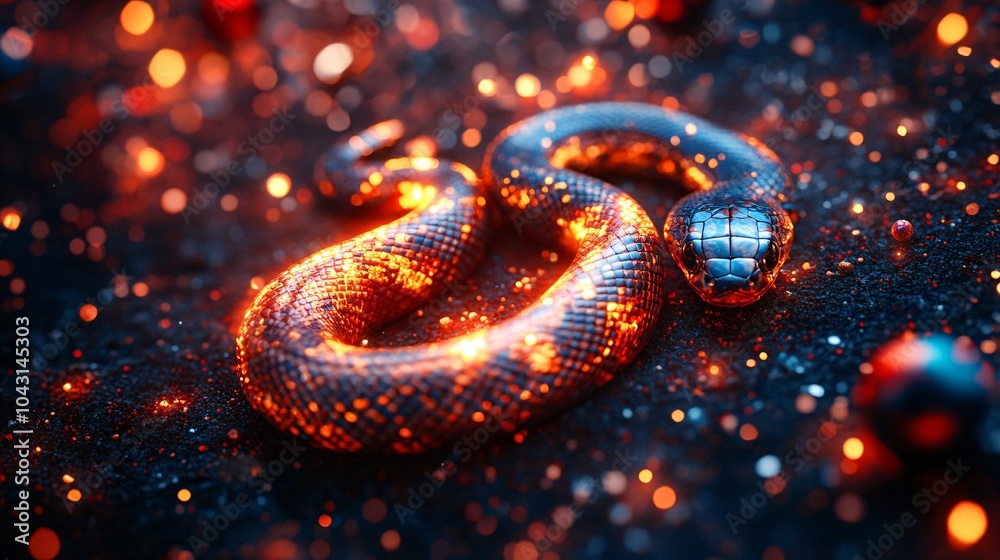 Poster a sleek golden snake coiled around a glowing number 2025 set against a black and red background fill