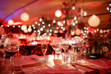 Romantic Evening Banquet with Glowing Lights and Wine
