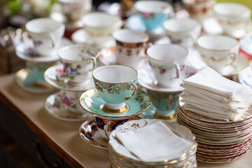 Elegant Vintage Tea Cups Stacked for Afternoon Tea