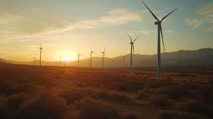 Obraz premium Wind Power at Sunset: A majestic row of wind turbines stand tall against a backdrop of golden sunset, symbolizing a sustainable future and clean energy. 