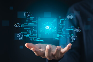 Businessman with digital screen about cyber security. Digital information technology and artificial intelligence concept.